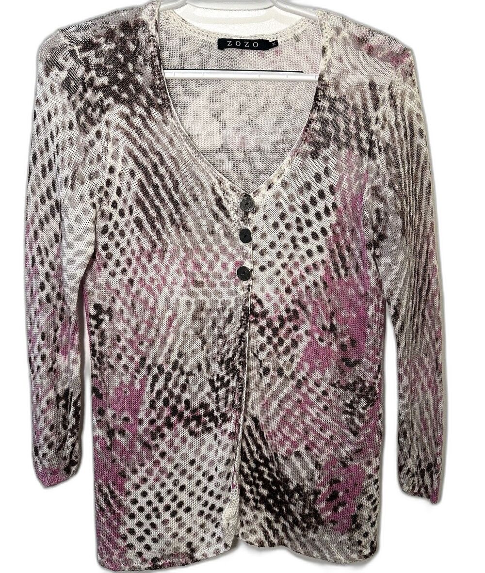 ZOZO Linen Blend Cardigan Sweater Medium Abstract Print Button Front